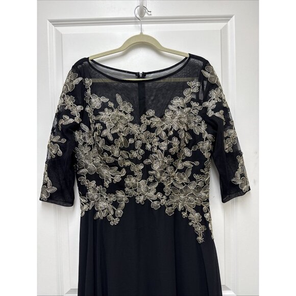 Betsy & Adam Size 14 Black Gold Floral-Embroidered Mesh 3/4-Sleeve Gown Dress - Picture 3 of 9